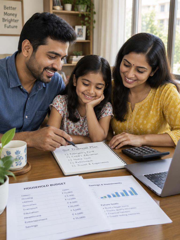 A family planning their finances together around the kitchen table
