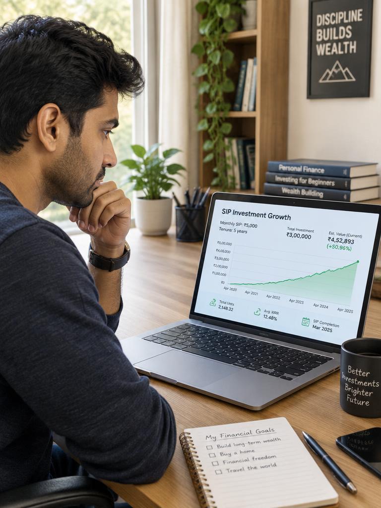 An investor reviewing the growth of his monthly SIP investments on a laptop at home